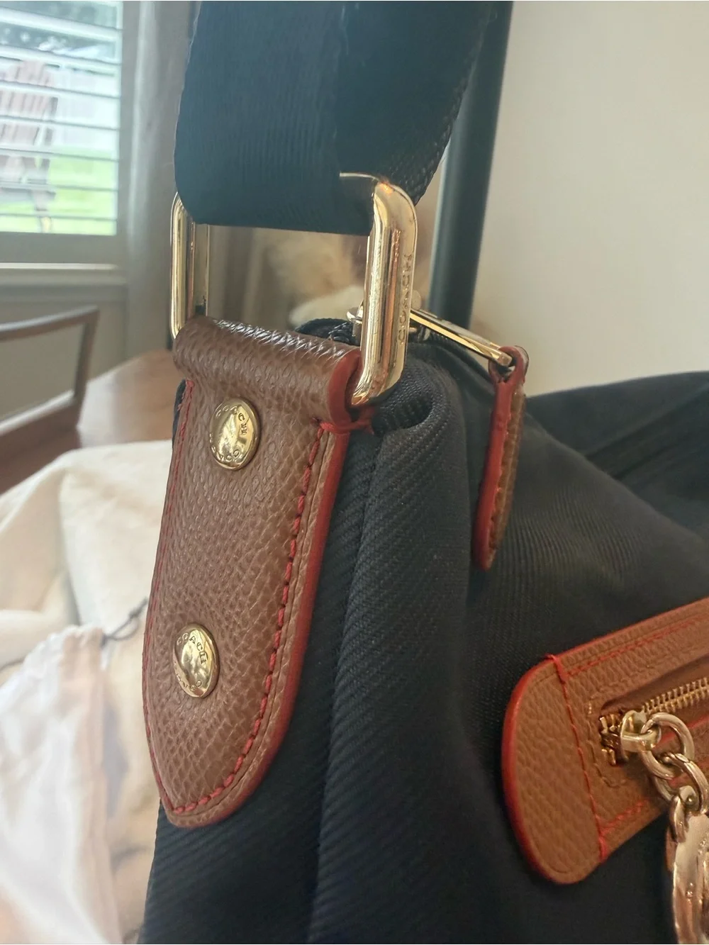 COACH Sawyer Navy Nylon Crossbody Bag with Tan leather Trim and red accents